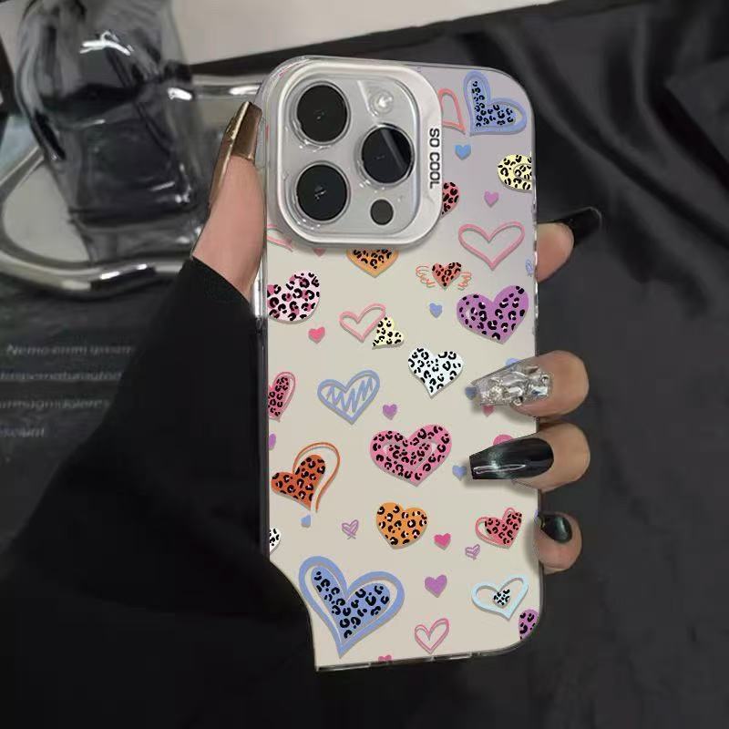 Trendy Colorful Leopard Heart Phone Case for iPhone 17 Air 16 15 14 11 Pro 13 12 8 7 Matte Laser Bumper Shockproof Coque Cover