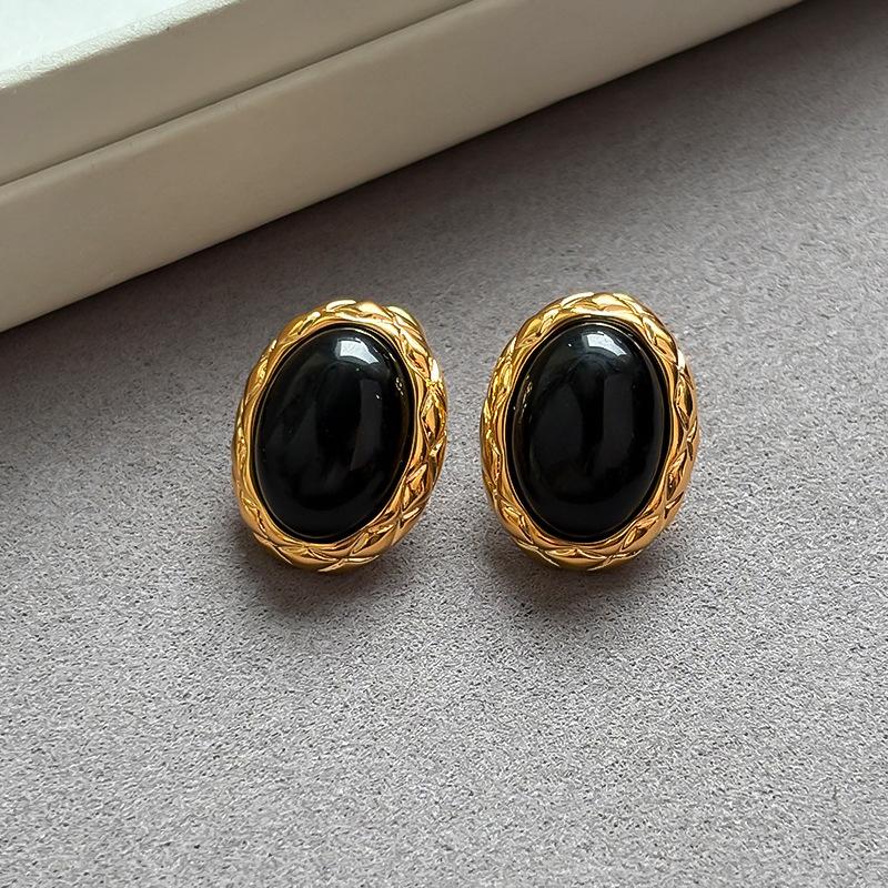 S silver needle black agate geometric earrings retro small simple stud earrings women's real gold electroplated ear jewelry