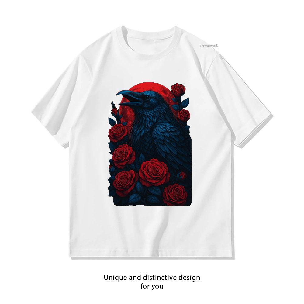 Raven Gothic Crow Blood Moon Raven Dark Aesthetic Rose Crow Shirt Woman Man Summer Cotton Graphic T Shirts Adult Oneck Tops S