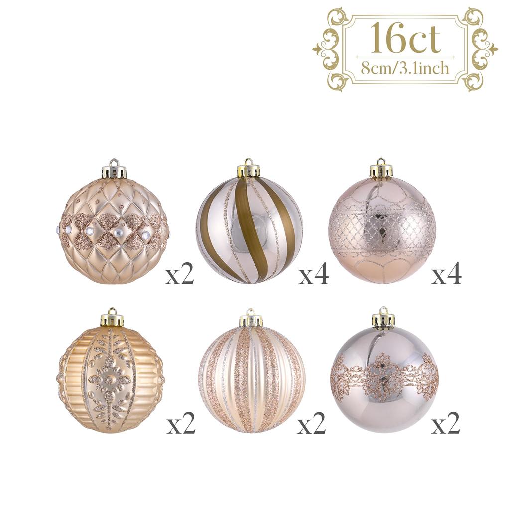 Valery Madelyn Christmas Christmas Set of Rose Christmas Tree Gorgeous Ornaments Ornaments, Luxurious, Large, 8cm, Nordic-Style Balls, 16, Gold,