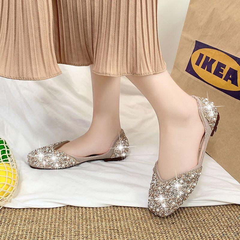 Fashion sparkling rhinestone shallow mouth square head single shoes versatile flat-bottomed temperament women's shoes 2025 spring and summer new model