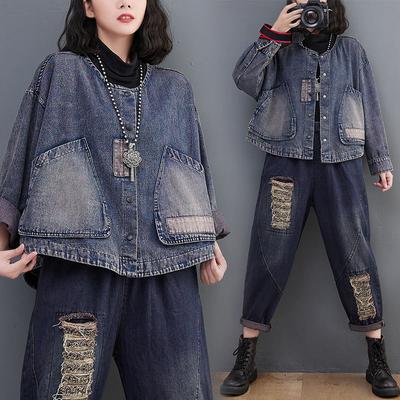 Plus Size Women Vintage Spring Autumn Long Sleeve Loose Single Breasted Denim Jackets Big Pocket Blue Casual Short Coat