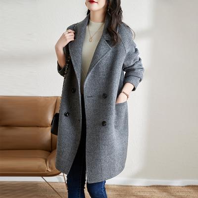 Damen Grauer Wollmischmantel Zweireihig Mittellang Winter Herbst Mode Warm Oberbekleidung