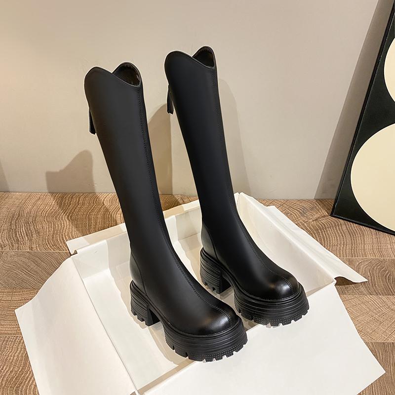 Winter Platform Height Increase Woman Knight High Boots Concise Thick Heel Shoes Stretch Slim Long Booties  De Muje