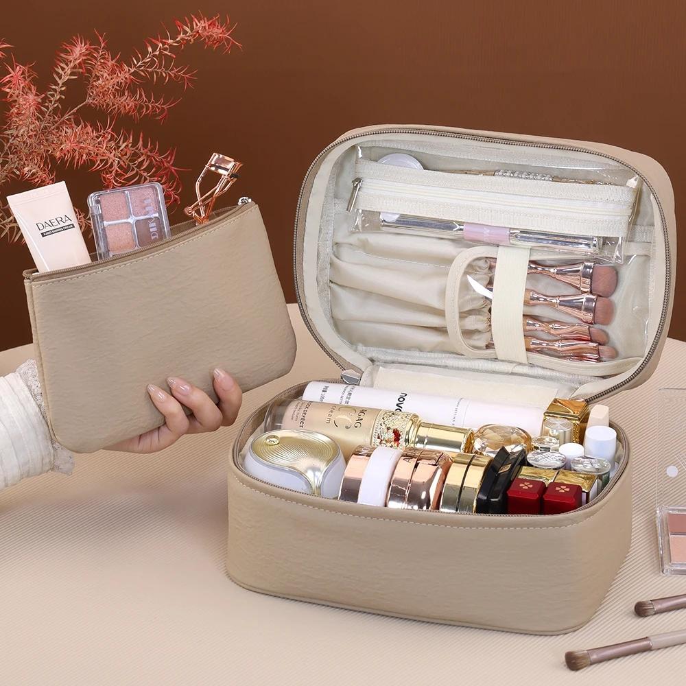 Große Kapazität Kosmetiktasche für Damen Reise Kosmetiktasche Wasserdicht PU-Leder Toilettenartikel-Organizer mit kleiner Tasche Samt-Innenfutter