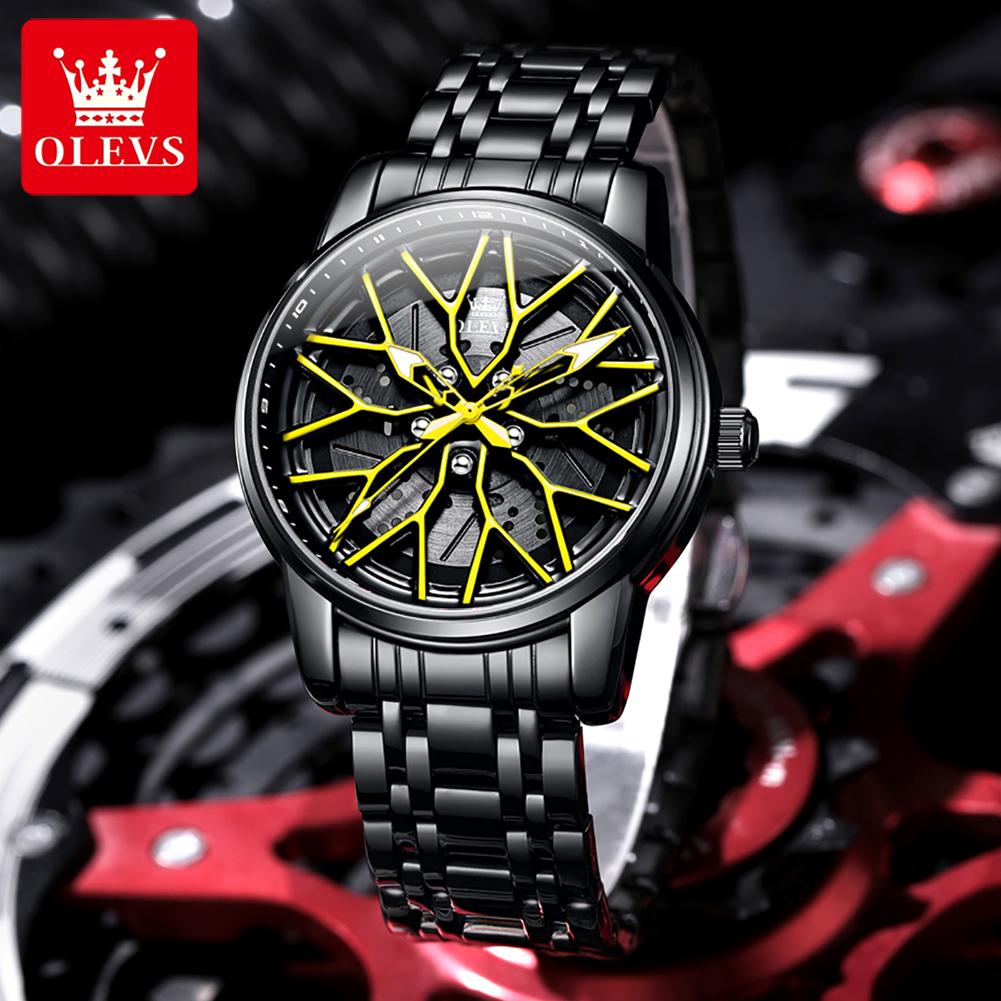 OLEVS Ceas de modă pentru bărbați Jantă roată butuc roată mașină sport Cadran rotativ 360° Ceasuri cu quartz Impermeabil Oțel inoxidabil Ceas de mână pentru bărbați