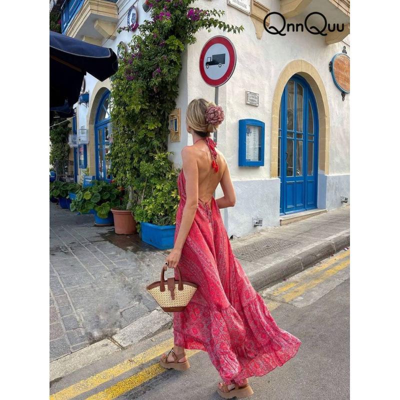 Elegant retro bohemian ruffle hem hanging neck V-neck sleeveless suspender long dress women S