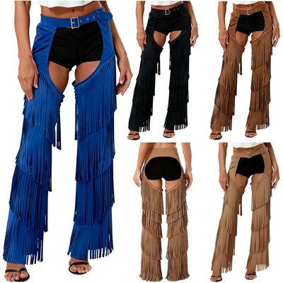S-3XL Women's Western Cowgirl Open Crotch Buttless Pants, Layered Fringe with Adjustable Buckles for Raves Themed Party Holidays