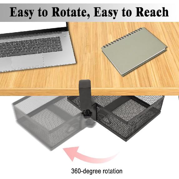 Under Desk Organizer with 360° Swivel, Clamp-On No Drill tallation, Sturdy Mesh Storage Drawer for Home Office, Pencils, Art Supplies and More