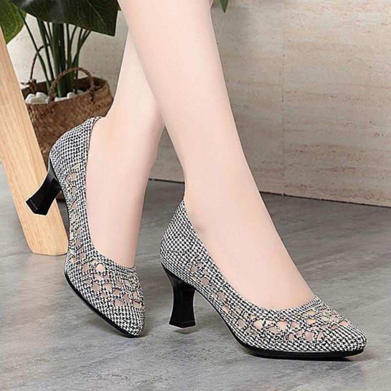 Summer Single Shoes Mesh Breathable Versatile High Heels Women's Shoes Middle-Aged Temperament Pointed Toe Shallow Mouth Shoes