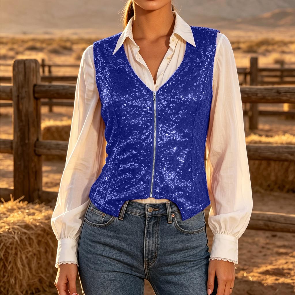 Women's Sequin V-Neck Zip-Up Vest, Sleeveless Cropped Party for Stage and Evening Wear