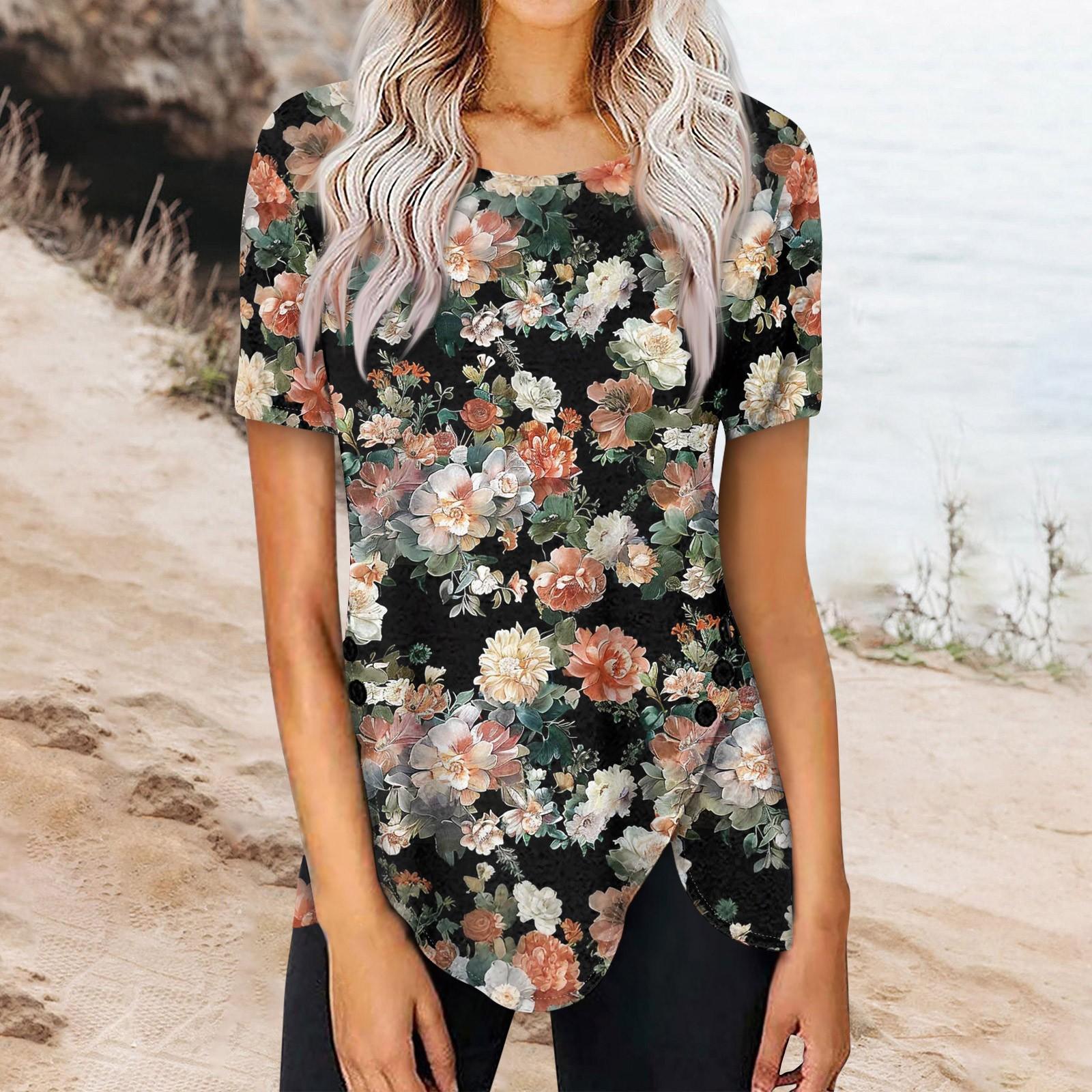 

Жіночий літній топ з принтом на ґудзиках і круглим вирізом із короткими рукавами XL Темно-синій