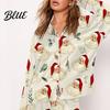 Lightweight Loungewear 2 Pcs/Set Christmas Women Pajamas Suit Satin Santa Printing Lapel Long Loose Fit