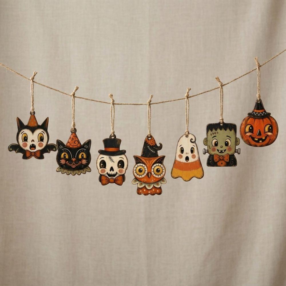 Distressed Painted Wooden Black Cat Ornament Owls Bat Hanging Decoration Home Party Decor