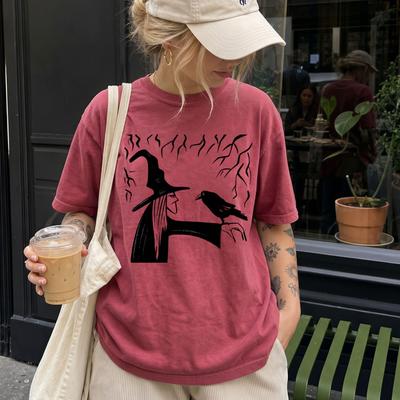 Linocut Witch Shirt, Vintage Halloween Graphic Tee, Trick or Treat Top, Spooky Season T-shirt, Pumpkin Costume Party Outfit, Black Cat Tee