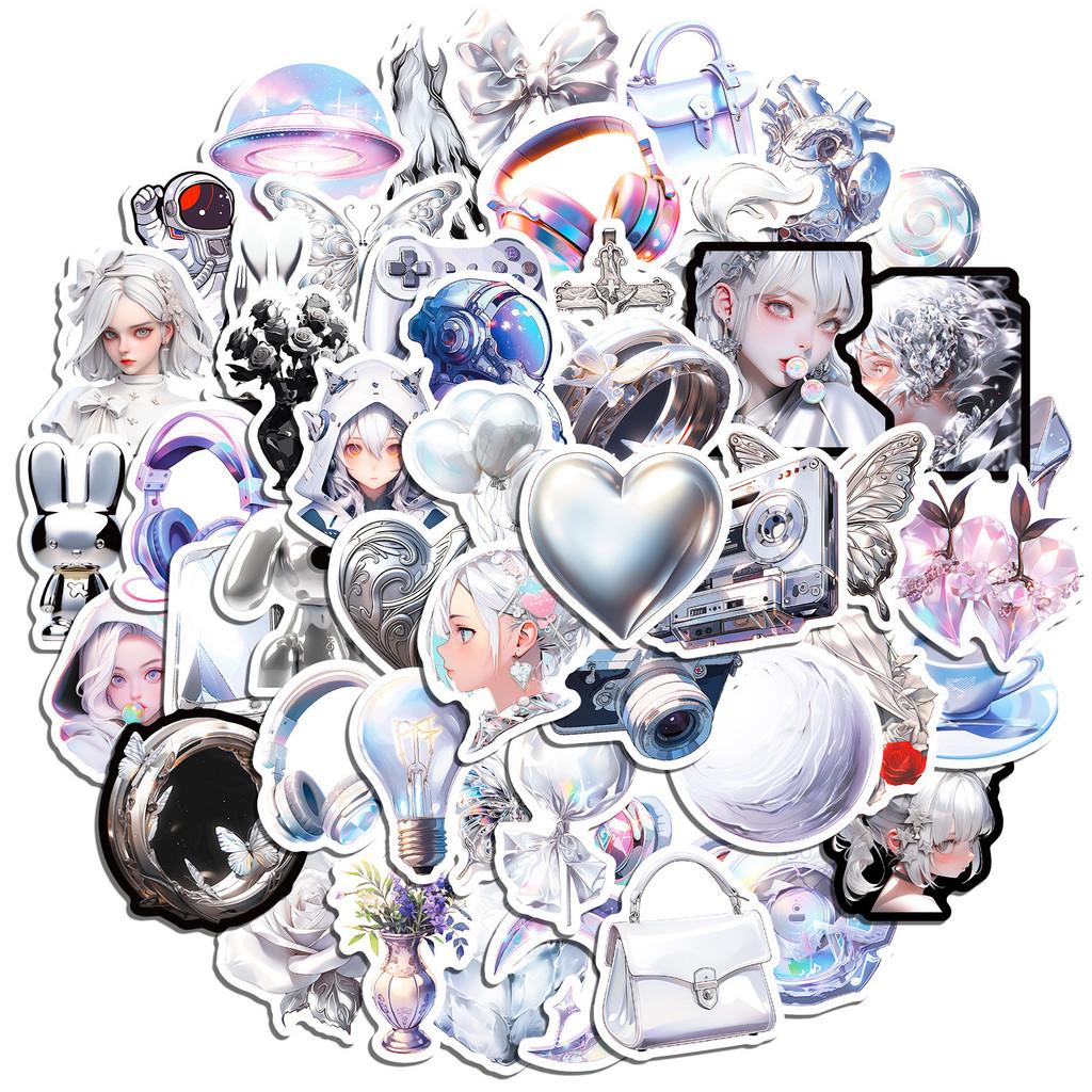 

50Pcs Silver Metallic Stickers Kawaii Korean Ins Aesthetic Decals Shiny Girly Heart Design BulingBulingStickers