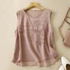 Women's Summer Cotton-Linen Embroidered Halter Top Solid-Color Comfortable Loose-Fit Round-Neck Top