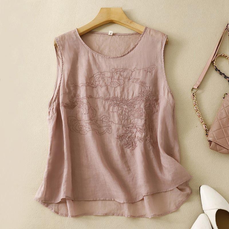 Women s Summer Cotton-Linen Embroidered Halter Top Solid-Color Comfortable Loose-Fit Round-Neck Top S розовый