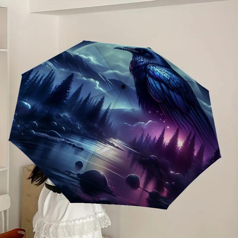 1pc Moonlit Raven Night Automatic Folding Umbrella, 8 Ribs Iron Frame, Suitable for Outdoor Travel and Daily Use Yy251120247