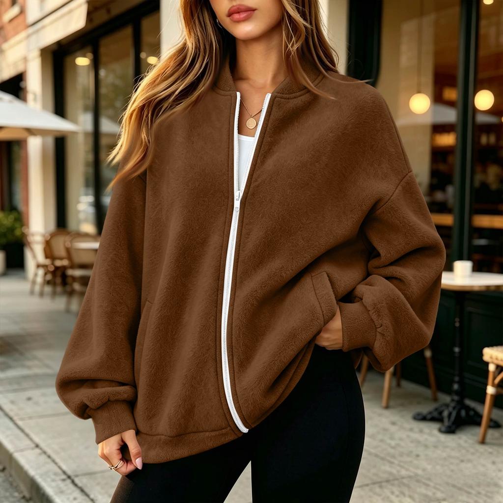 Women's Thermal Baseball Collar Zip Up Jacket Color Loose Fit