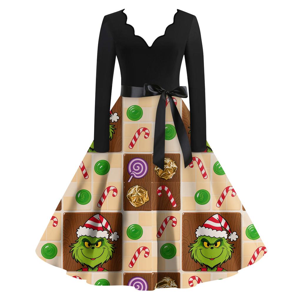 Ladies' Fashionable Retro Long Sleeved Square Neck Christmas Printed Evening Dress Dress