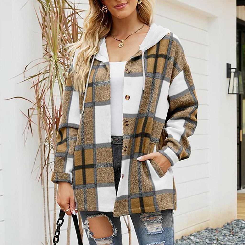 Ladies Casual Fashion Jacket Hooded Plaid Colorblock Wool Shirt Jacket