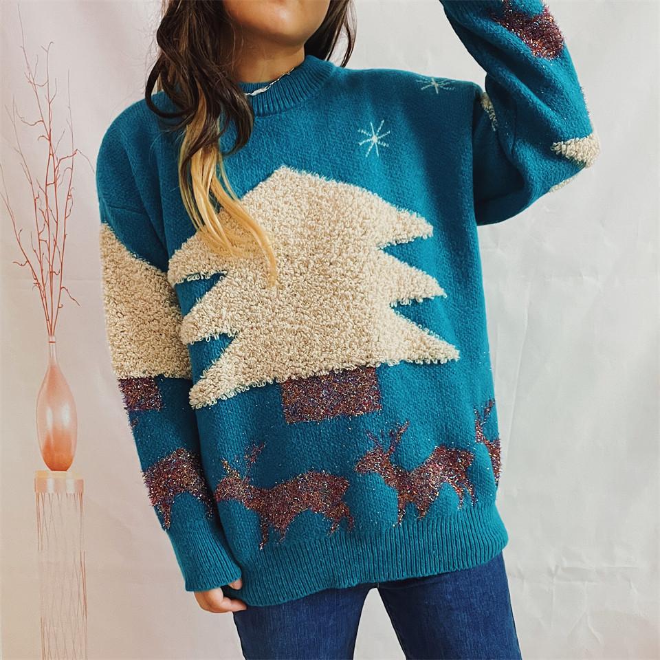 Christmas Tree Jacquard Gold Thread Knitted Round Neck Long Sleeve Loose Hoodie Thickened Christmas Sweater for Women 3533 KTB