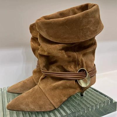 Cowhide Version~ Retro Niche Pointed Toe Fine Heel Pleated Piled Boots Western Cowboy Boots Women's Autumn and Winter Two Wear Medium Boots