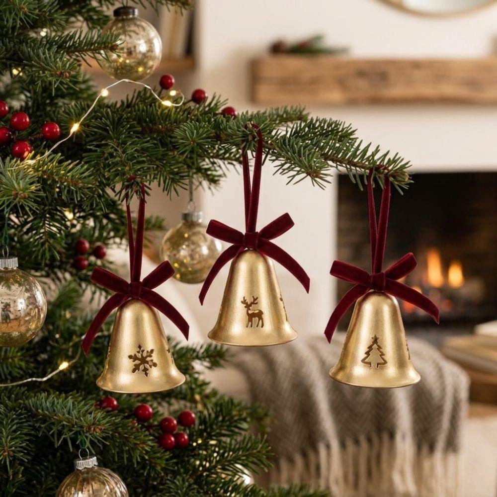 Shiny Metal Christmas Bells Pendant Snowflake Reindeer Xmas Bells Hanging Ornament Iron Art Jingle Bells Christmas Tree Bell