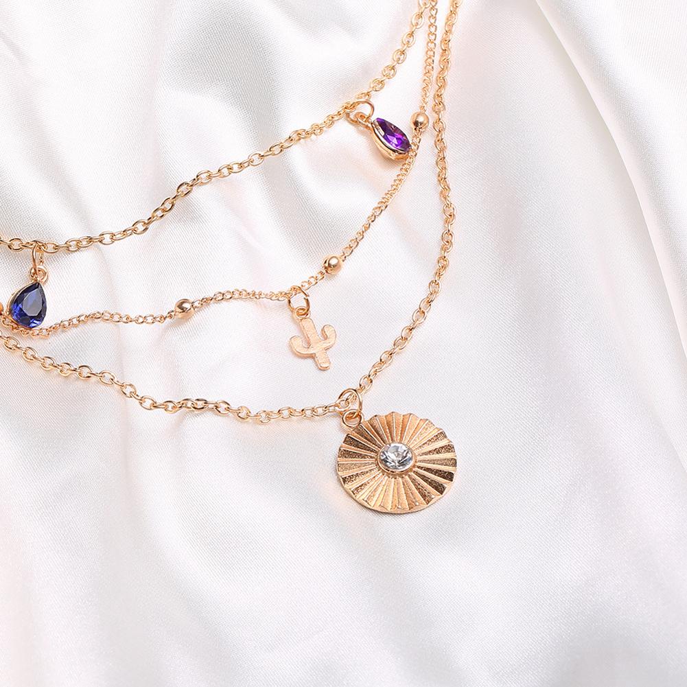 Women's Necklace Retro Style Disc 3-layer Geometric Cactus Colored Gemstone Necklace
