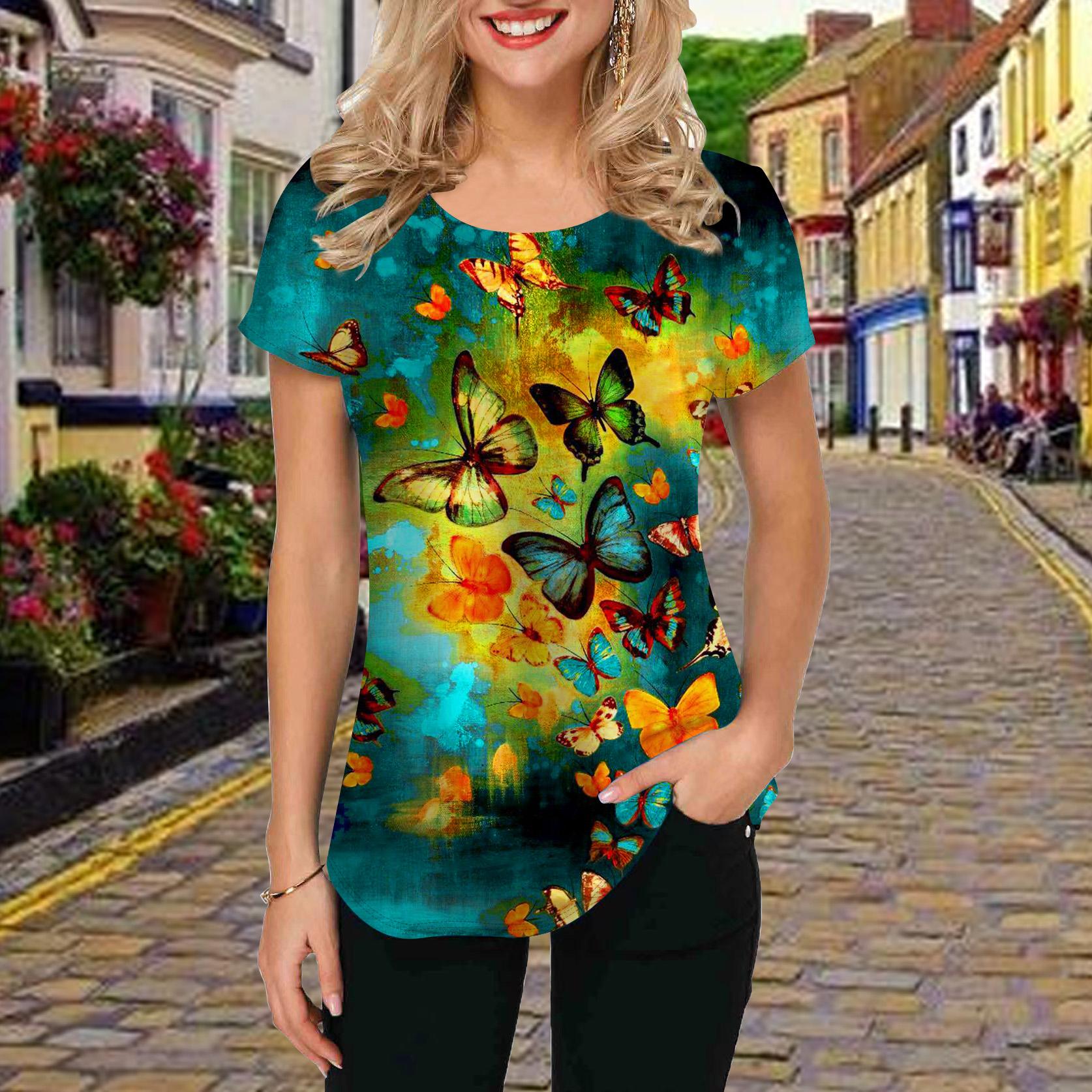 

Модная женская футболка с принтом оранжевой бабочки, забавная повседневная футболка с круглым вырезом и короткими рукавами, летняя женская футболка 8XL светло-синий