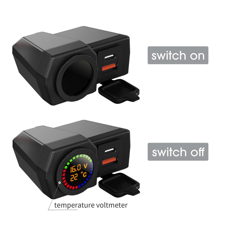 Motorcycle USB+Type-c Port Mobile Phone Charger With Temperature Voltage Display