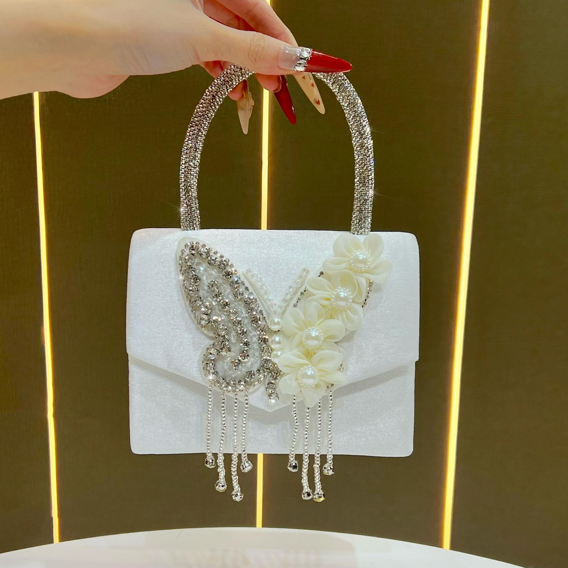 Сумка-клатч с кисточками и бабочкой - Элегантная и изысканная вечерняя сумка со встроенными бриллиантами, Сумка через плечо на цепочке серебряный/белый