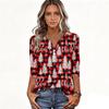 Women's Fashion Casual Christmas Print V-Neck Button Three-Quarter Sleeve T-Shirt Top