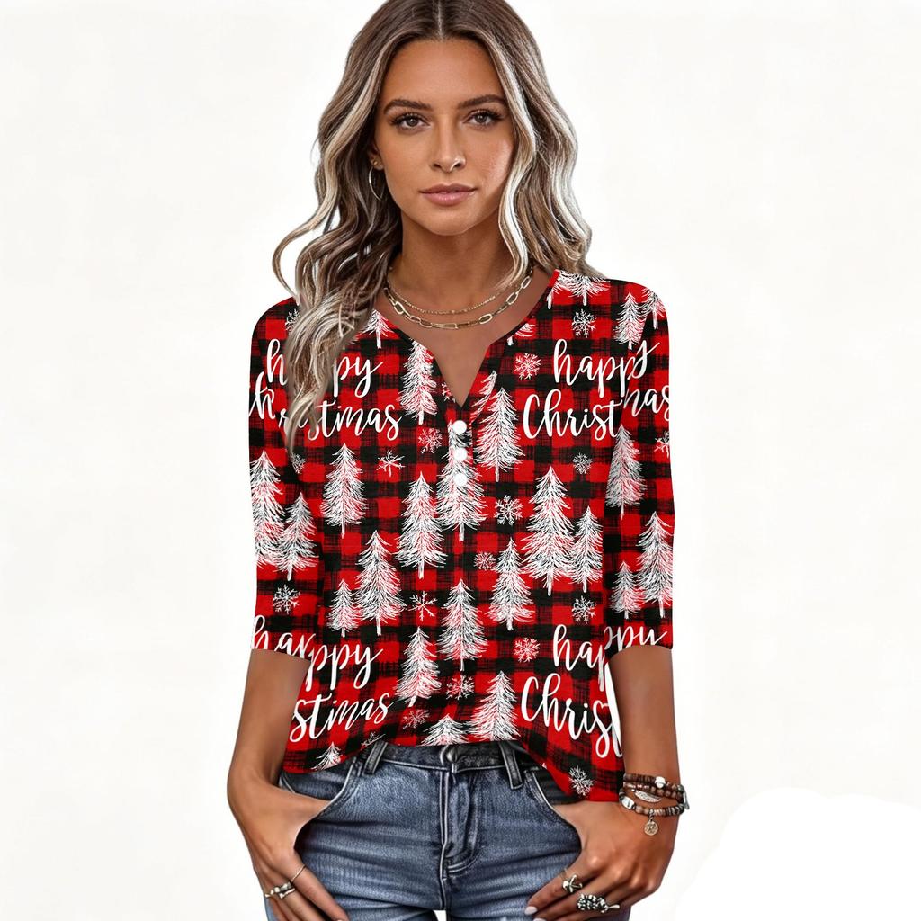 Women's Fashion Casual Christmas Print V-Neck Button Three-Quarter Sleeve T-Shirt Top