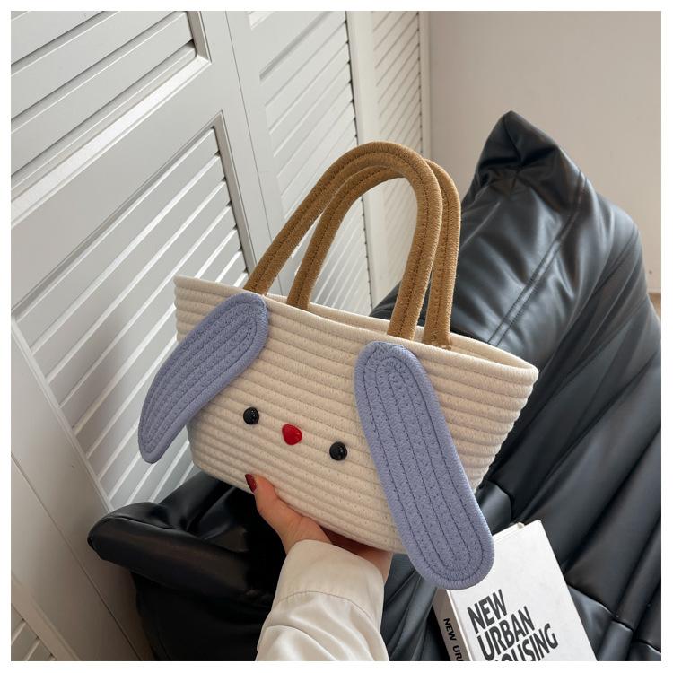 Cartoon Shape Cotton Rope Woven Handbag Cute Cotton Rope Woven Bag Daily Travel Cartoon Cotton Rope Bag Tote Bag