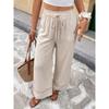 Women Casual Solid Color High Waist Drawstring Wide Leg Straight Long Pants