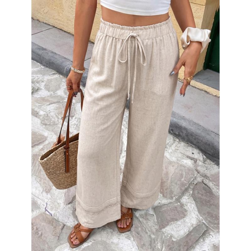 Women Casual Solid Color High Waist Drawstring Wide Leg Straight Long Pants