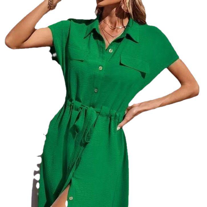 2024 Women's Fashionable Shirt Collar Waist-Cinching Dress with Waistband
