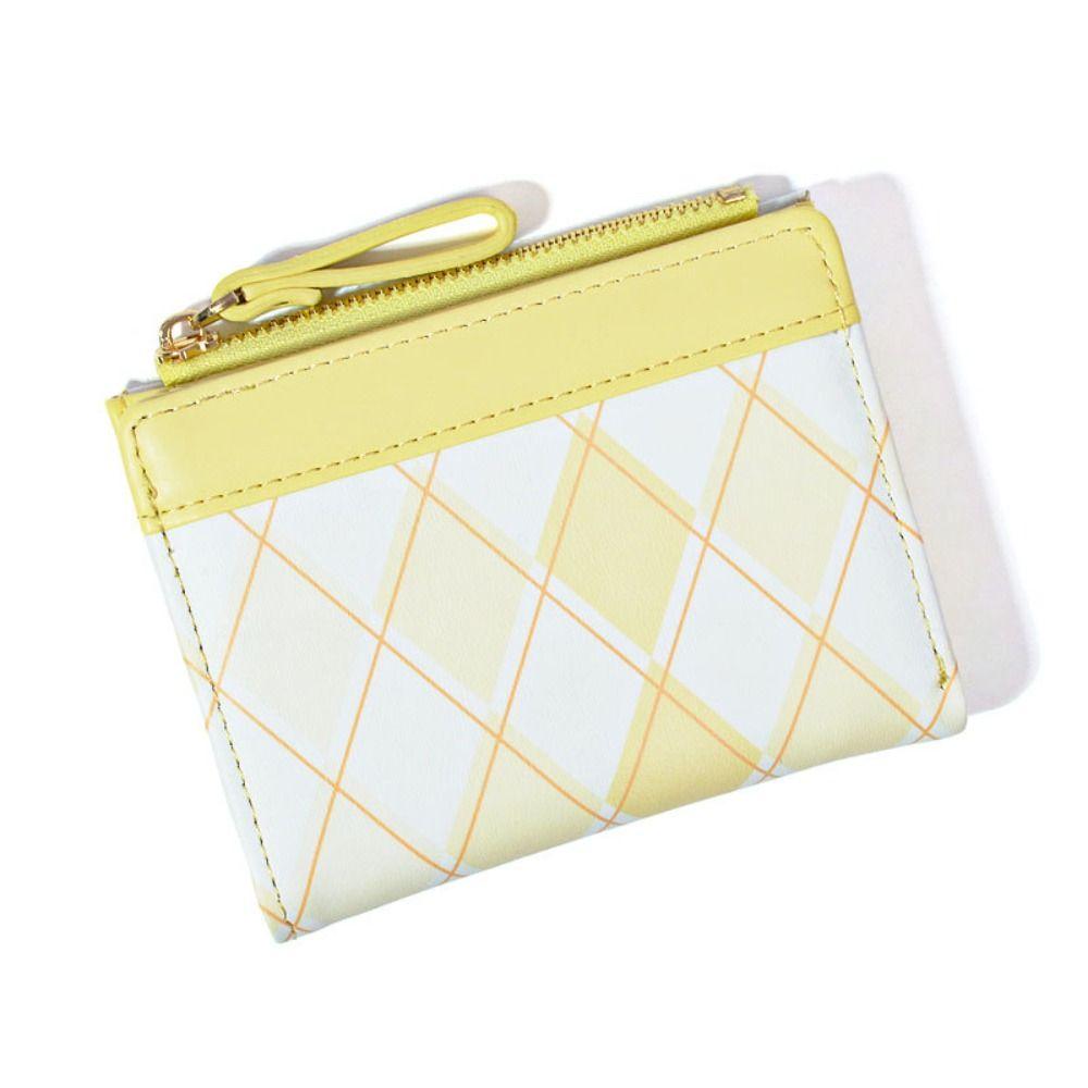 

Pu Leather Rhombus Plaid Wallet Coin Purse Zipper Card Holder Cute Folding Purse Student жовтий