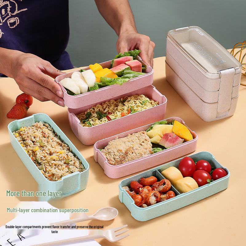 Wheat Straw Bento Box: Portable 3-Layer Sealed Meal Container with Compartments for Office or Student Lunches
