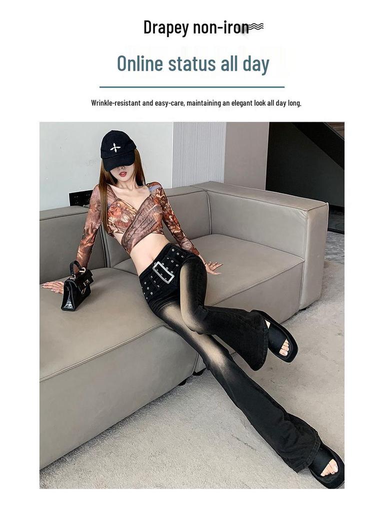 Retro Gradient Flare Jeans: Women's High Waist, Slimming Floor-Length American Style for Autumn