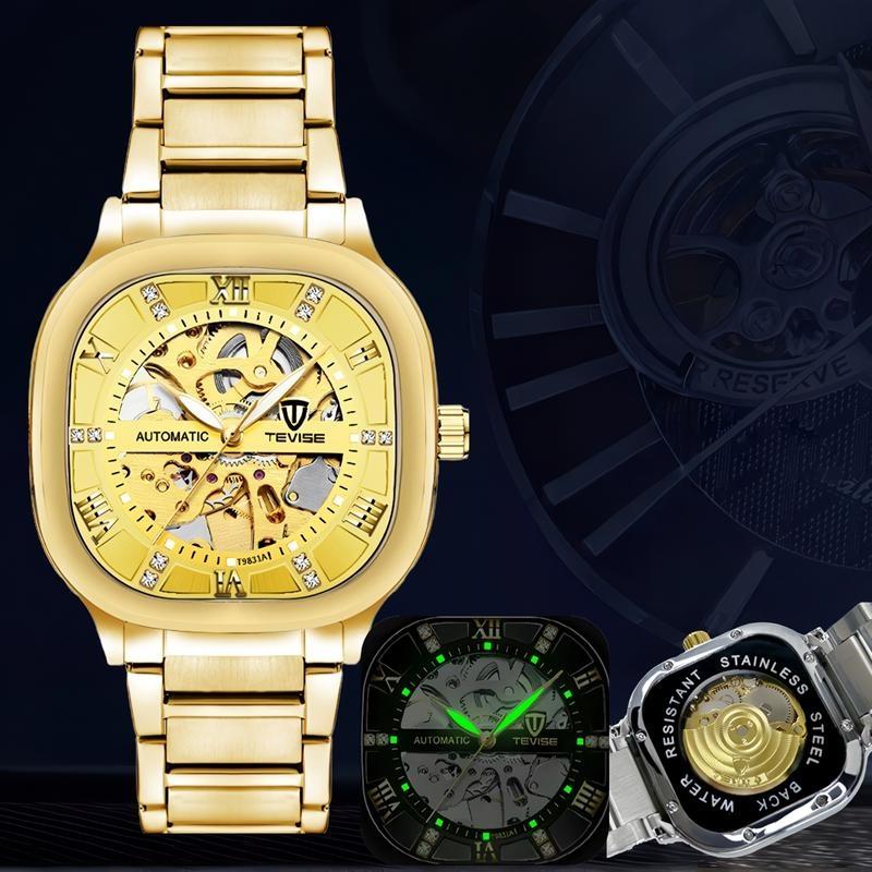 TEVISE Automatic Mechanical Watches for Men Stainless Steel Waterproof Skeleton Watch Square Dial Luminous Fashion Business Wristwatch
