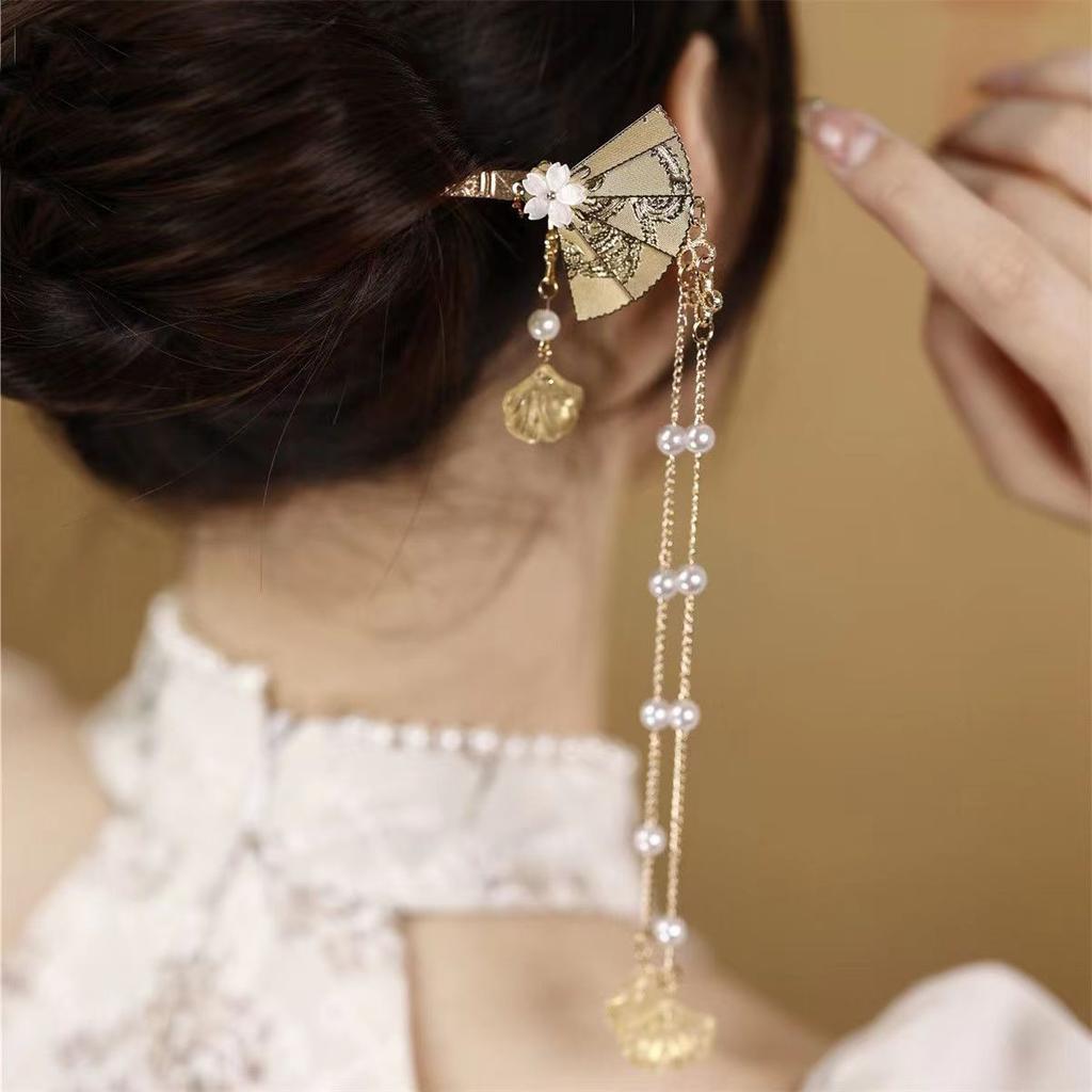 1pc Chinese Style Niche Personality Fan-shaped Alloy Hairpin Exquisite Tassel Hanfu Qipao Headwear Quick Braided Hair Artifact