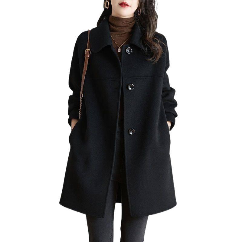 2025 Women's Plus Size Wool Blend Mid-Length Coat with Peter Pan Collar - Korean Fashion for Autumn/Winter