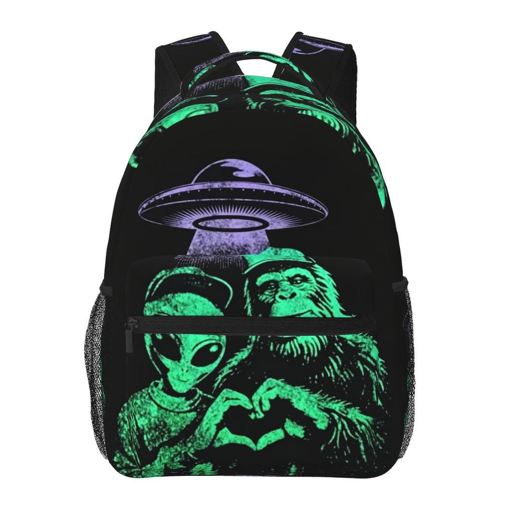 Funny Bigfoot And Alien Heart-shaped Hand Pattern Student Backpack School Bag Travel Daypack for Men Women Bookbag Shoulder Bags