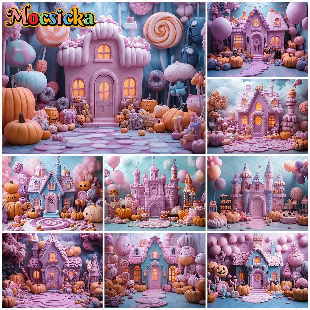 Mocsicka Halloween Photography Background House Candy Balloons Castle Decorations Holiday Festival Autumn Pumpkin Party Backdrop