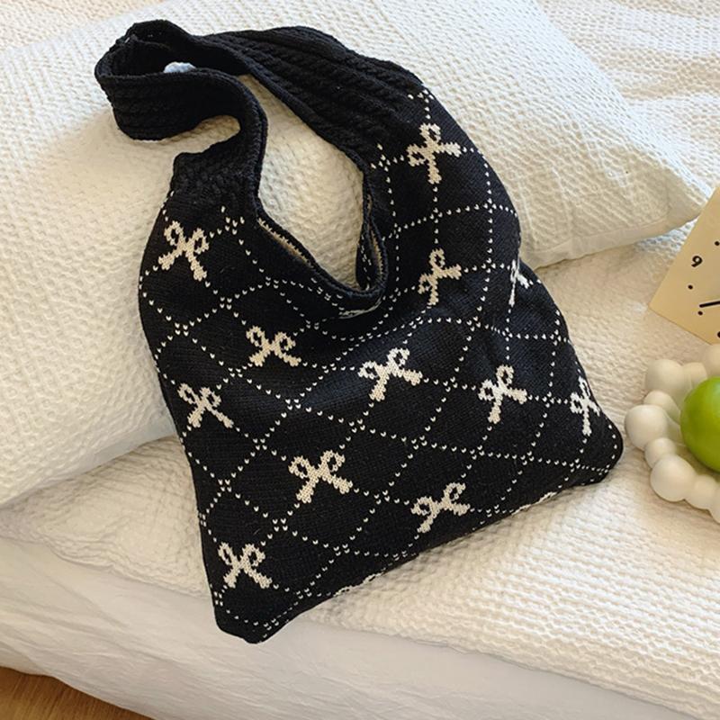 Bow Knitted Women's Eco Korean Foldable Tote Bag Y2K Crochet Rope Sweet Knitting Shoulder Bag