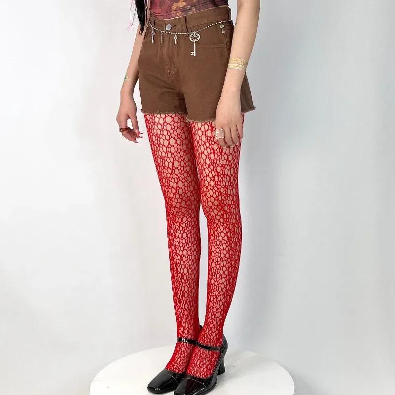 JK Lolita Girls Hollow Out Fishnet Pantyhose Japanese Style Y2k Uniform Gothic Red White Mesh Tights Women Sexy Lace Stockings