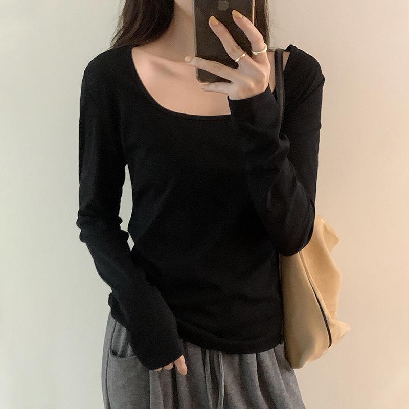 

Базовая белая футболка с длинным рукавом и французским квадратным воротником для женщин, новинка осени и зимы, универсальный свободный повседневный топ для нижнего слоя XL